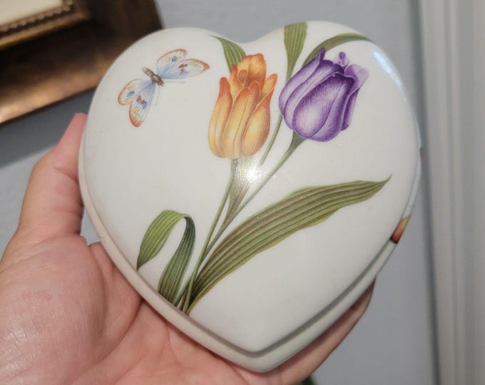 Vintage LIMOGES France Heart Shaped Trinket Box Rochard Butterflies Floral FLAW