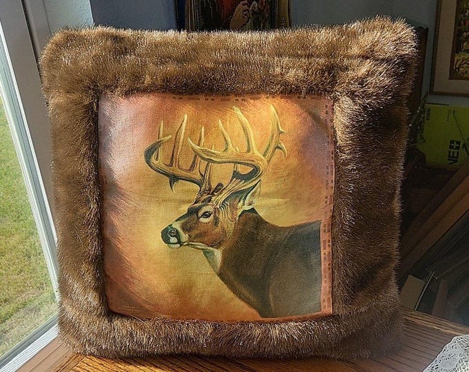 Rustic Faux Fur Throw Pillow Brown Deer Lodge Stag Image 15 x 14" Sweetwater