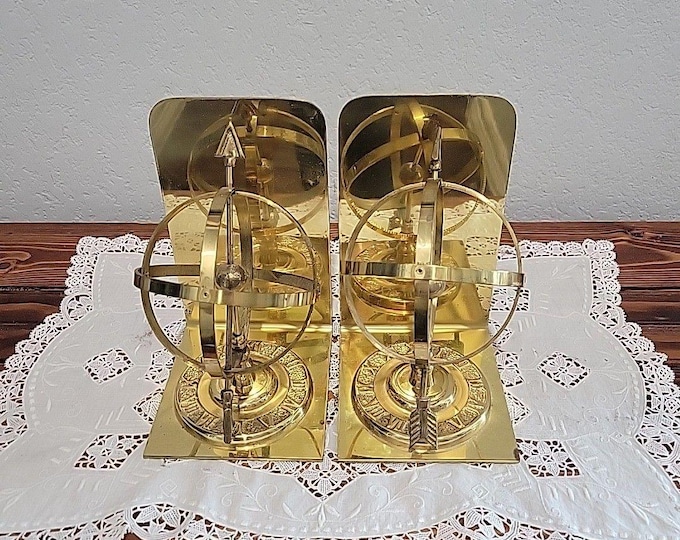 Vintage Lacquered Brass Armillary Sphere Sundials Arrow Book Ends Korea Academia