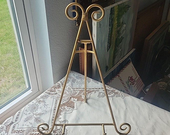 Vtg Gold Tone  Iron Metal Easel Art Stand Book Holder Photo Frame Display Scroll