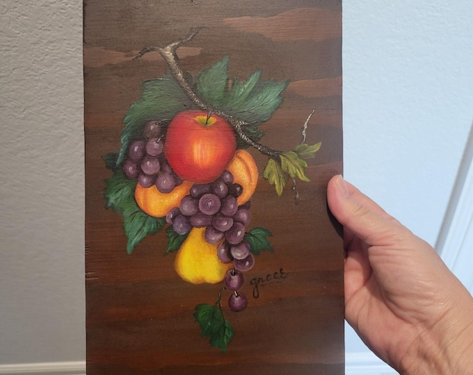 Original Acrylic Painting Still Life Art Fruit leaves Wood Plaque Signed Grace
