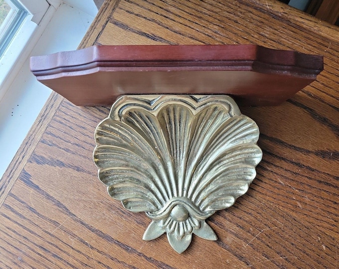 Vtg Seashell Wall Shelf Solid Brass Wood Scallop Gold Shell Hollywood Regency