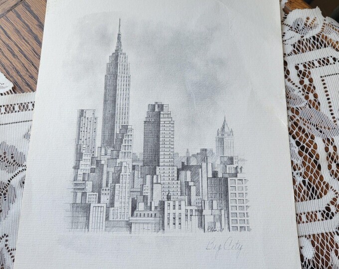 Vintage NYC Art Print: 'Big City' Pencil Sketch, 1969
