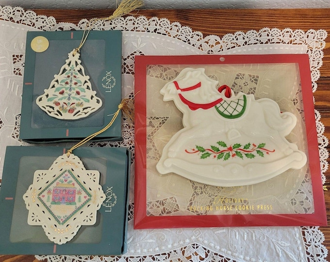 VTG 3 Lenox Porcelain Christmas Ornaments Rocking Horse Christmas Tree 1st Home