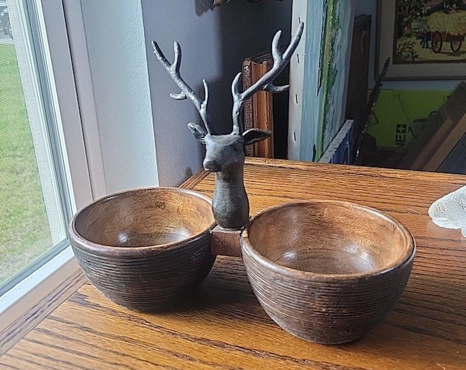 Rustic Lodge Deer Head Double Cup Nut Candy Condiment Wooden Serving Bowl Stag
