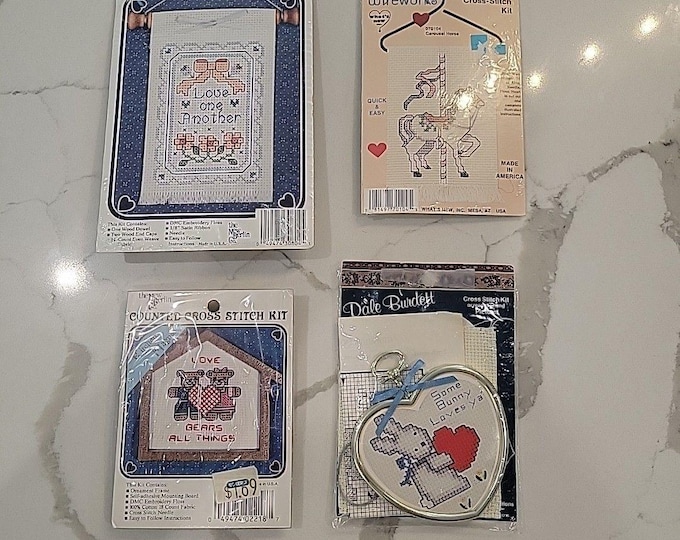 Set of 4 Vtg Assorted Counted Cross Stitch Kits each USA 80s Cottage Grandma