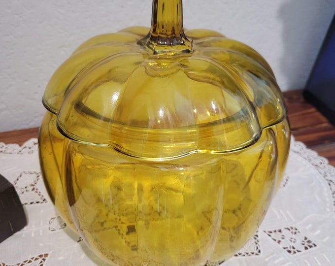 Amber Glass Pumpkin Canister Cookie Jar Candy Dish ~7.25 Tall Halloween Fall