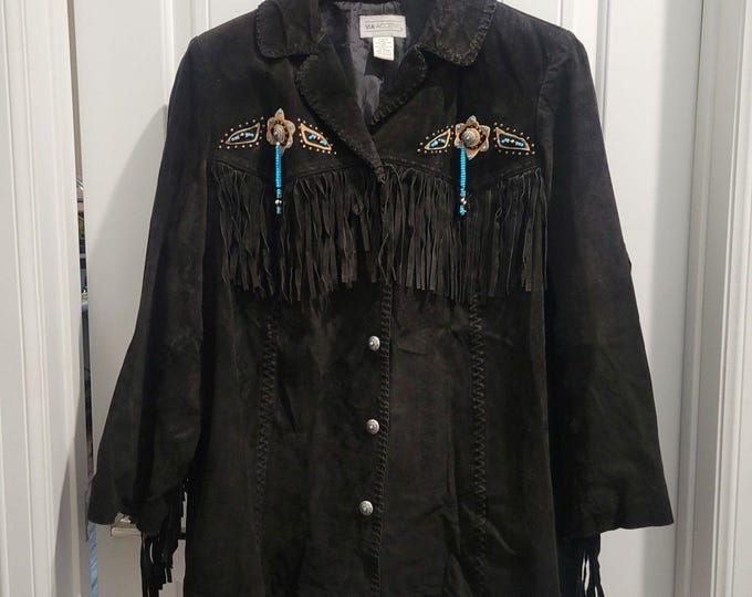 Via Accenti Black Suede Leather Beaded Fringe Southwestern Jacket size 20W Boho