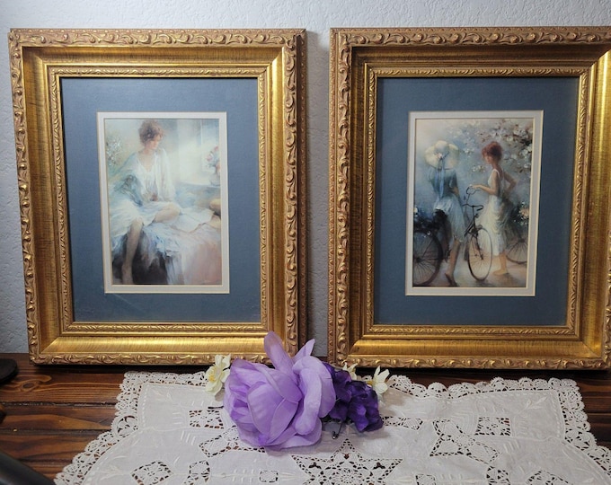 Vtg pair Haenraets' Professionally Framed prints "Meditation" & "Spring Ride"