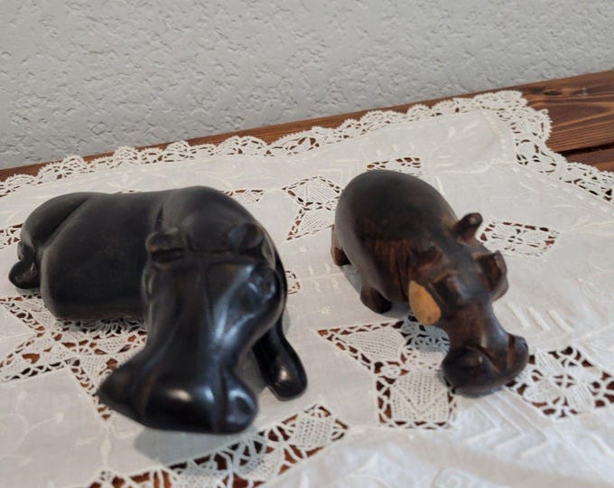 Vintage Pair of Hand Carved Solid Wood Hippo Sculptures MCM Rustic Hippopotamus
