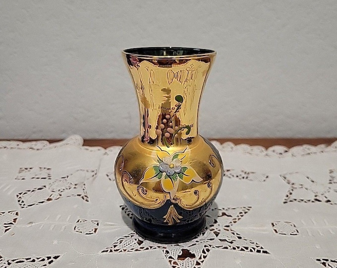 Vintage Venetian Murano Cobalt Blue Vase Floral Enamel 24K Gold Painted Art 4"