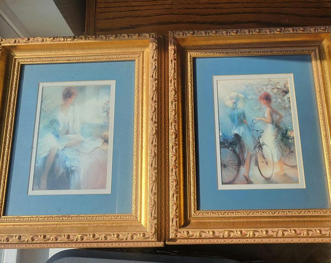 Vtg pair Haenraets' Professionally Framed prints "Meditation" & "Spring Ride"