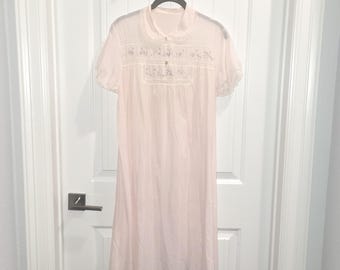Vintage 60s Nightgown Shift Petal Pink Lace Ribbon Embroidered Bows Cap Sleeves
