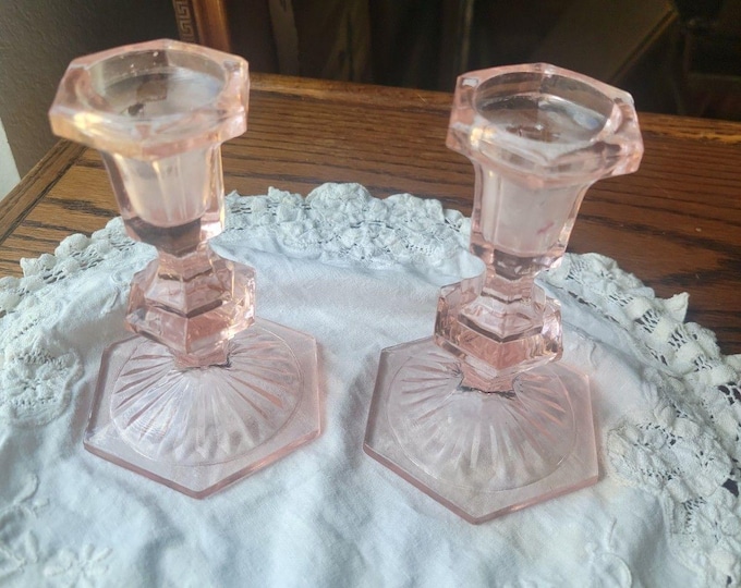 Vtg Depression Glass Pair of Dark Rose Pink Candlestick Holders  5" Tall '30s