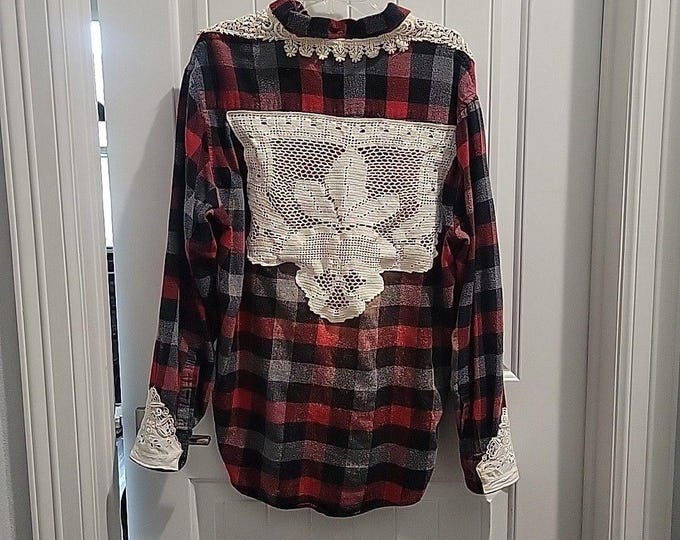 Vtg Distressed Bleached Flannel Shirt Lace Decor OOAK patchwork Upcycled Plaid L