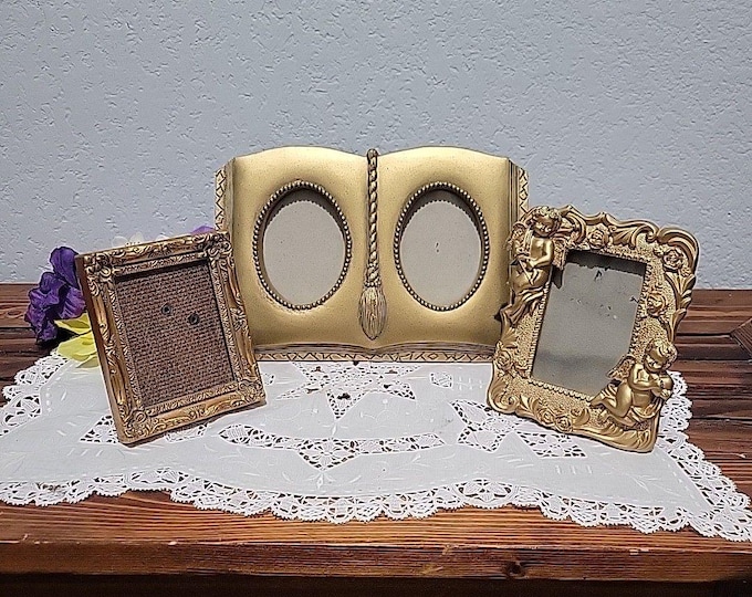 Set of 3 Vtg Victorian Picture Frames Gold Tone Resin Angels Cupid Ornate Book