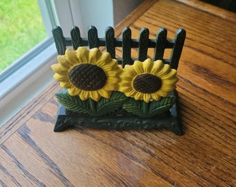 Vintage Cast Iron Painted Sunflower Napkin Holder Country Cottage Home Decor