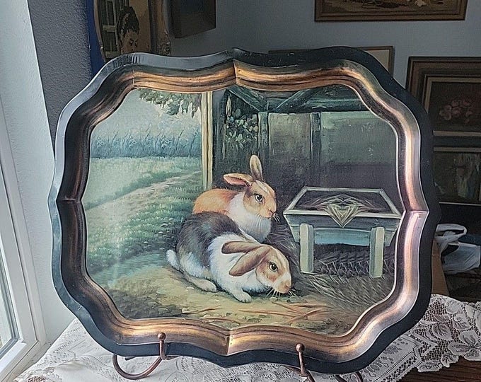 Vtg Extra Large Tole Metal Tray Rabbits Hares Bunny Country Scene 22x 17.5" RARE