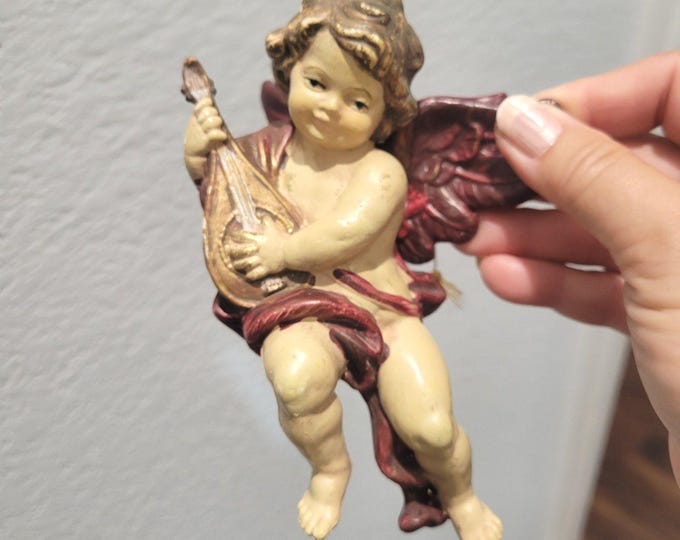 Vintage Cherub  6" Italy Putti Fontanini Style Ornament Molded Plastic Mandolin