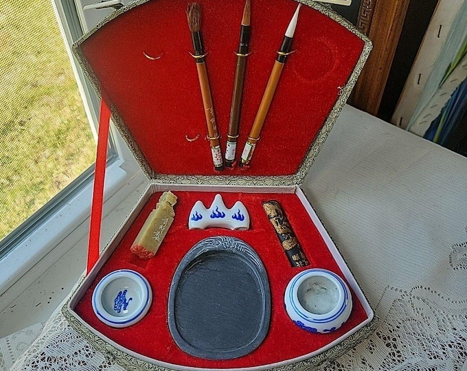 Vintage Chinese Calligraphy Set Fan Box Brushes Red Ink Stone holder stamp FLAW