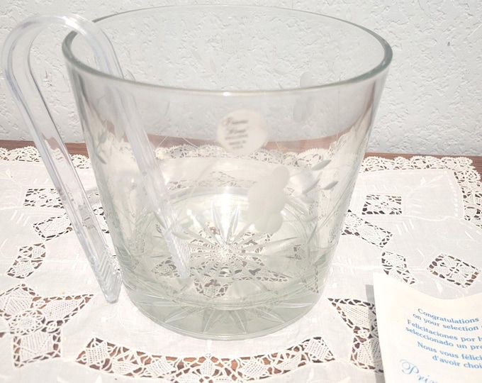Vtg Princess House #522 Crystal Ice Bucket with Tongs in Box 5.5"H x 6"W
