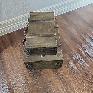 Vintage Style Decorative Wood & Leather Storage Trunks Suitcase Pair Brown Stack image 4