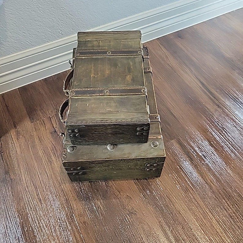 Vintage Style Decorative Wood & Leather Storage Trunks Suitcase Pair Brown Stack image 4