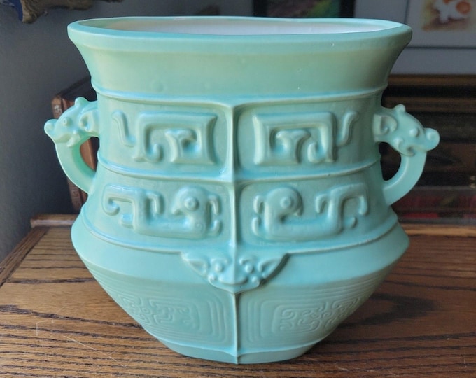 Vtg Studio Art Pottery Urn Vase Dragon Handled Mayan Motif Signed Meryl RARE MCM