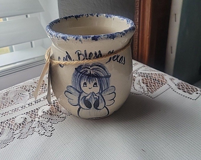 Marshall Texas Pottery Blue Sponge cup pot God Bless Texas Yesteryears w/tag