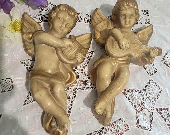 Vintage Cherub Pair Chalk Ware Plaster Wall Decor Hollywood Regency Gold Tone MC
