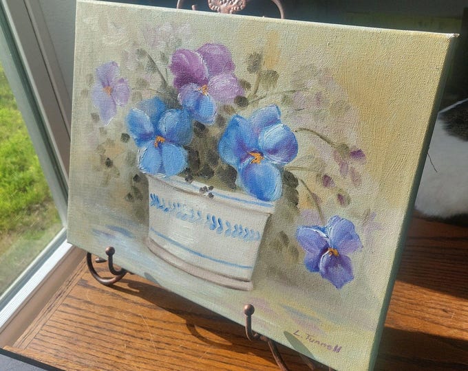 Vtg Original Still Life Floral Flowers Blue & White Vase Signed Painting 12x16