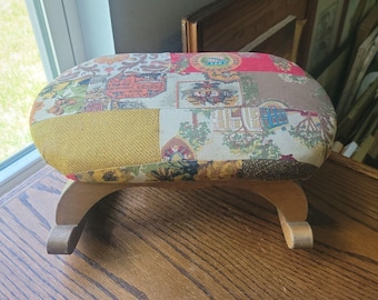 Vtg Antique Rocking Wooden Foot Stool Foot Rest Foldable Upholstered Tapestry