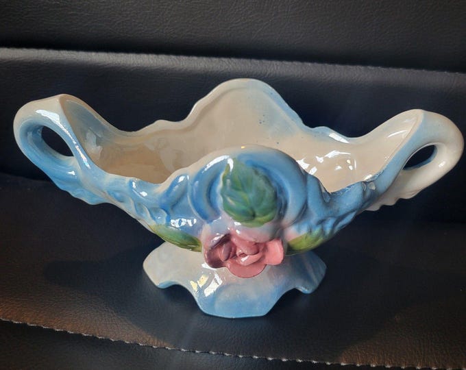 Vintage Lusterware candy dish In blue with Rose 3" T 7"wide 3.25"D Taiwan Bowl