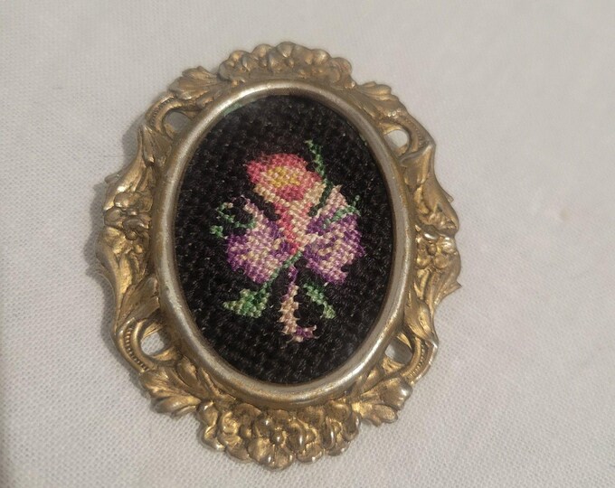 Vintage Petit Point Needlepoint Embroidered Floral Brooch Pin Flowers Black Gold