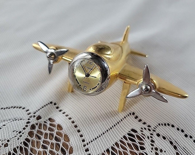 VTG TIMEX Collectible Mini-Clock - Golden Airplane,  Brass Body & Stainless READ