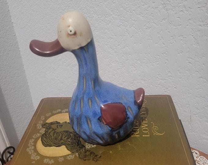VTG Studio Pottery Bird Duck Blue Glazed Handmade Figurine Sculpture 6 x 3.5"