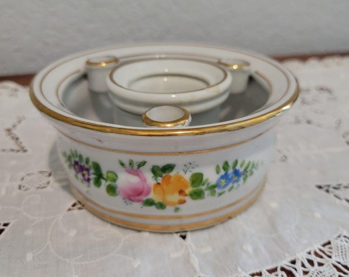 French Antique Porcelain Gilded 3 Quill Round Inkwell Jar Victorian Romantic