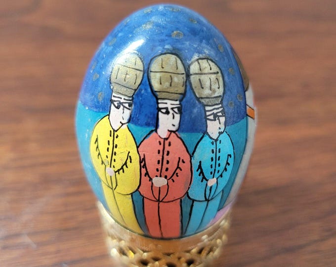 Vintage hand painted Russian folk art egg with stand Heavy Lacquered Flawed