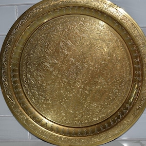 Vintage 1970Brass Tray MCM India etch design has wall mount 16&quot; Diameter patina