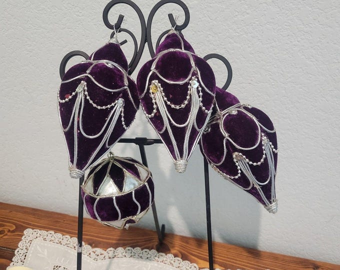 VTG Purple Velvet Christmas Ornaments Silver details Set 4 ornate victorian rich