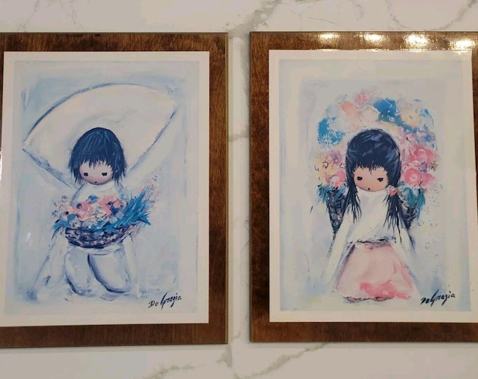 Pair Of Vintage De Grazia Laminated  On Wood Prints Flower Boy + Girl MCM Retro
