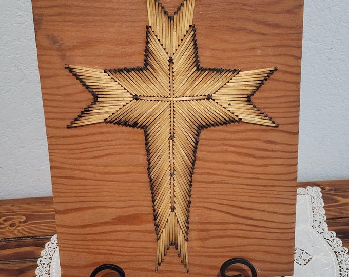 Vintage Matchstick Burnt Matches Cross Tramp Art Folk Art Handmade 14" x 11"