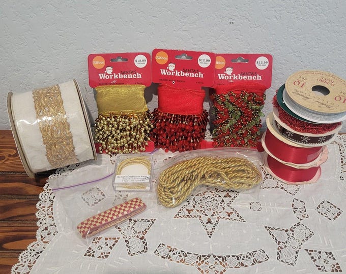 Assorted Christmas Lace Trim, Ribbon, Beaded Wired Ribbon mostly new Holiday