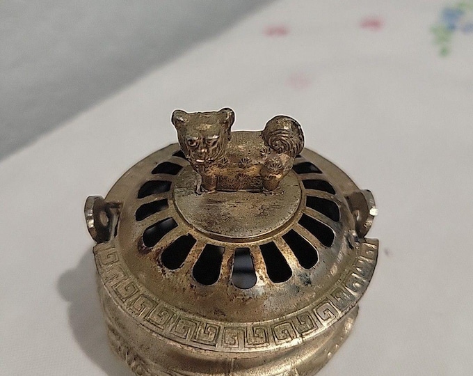 Vintage Foo Dog / Dragon Incense Burner Japanese Brass Metal with Lid MCM Retro