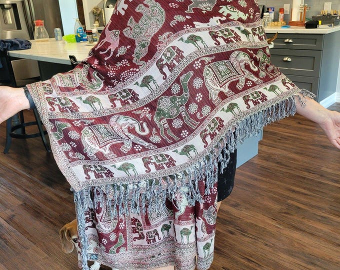 Vintage Elephant Paisley Brocade Pashmina Scarf Wrap Shawl Viscose or Rayon FZE