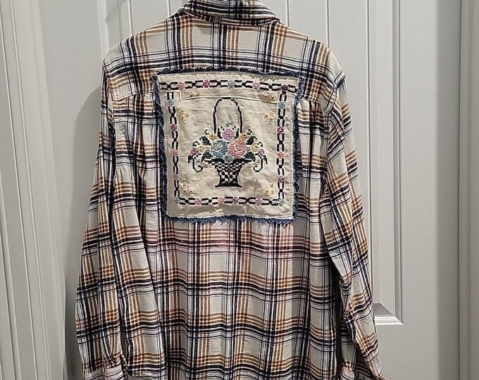Distressed Flannel Shirt VTG embroideries crewel OOAK needlework XXL Patchwork