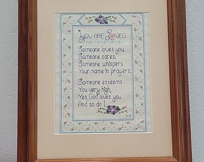 VTG Embroidered Needlepoint Framed 16.75" x 13.75" Hndmd "You Are Loved" Nursery
