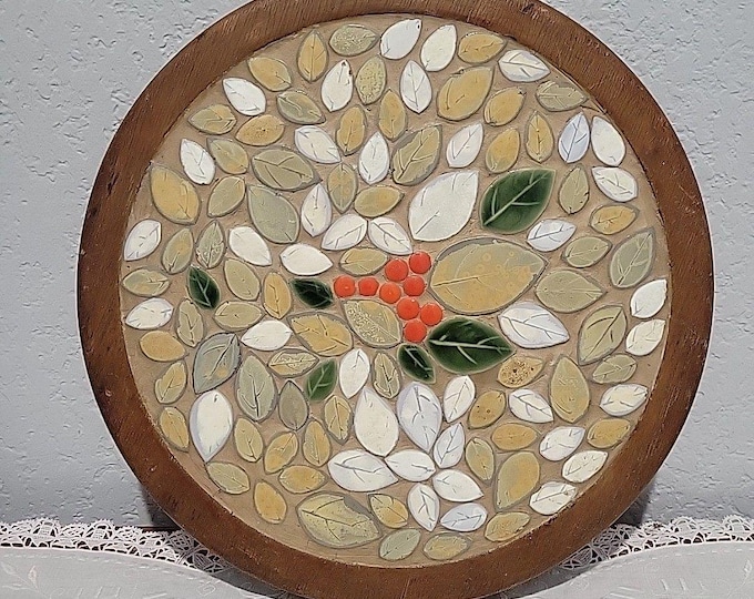 VTG Tile Mosaic Trivet Cheese Board Oak Wood Frame MCM Leaf Handmade signed TX