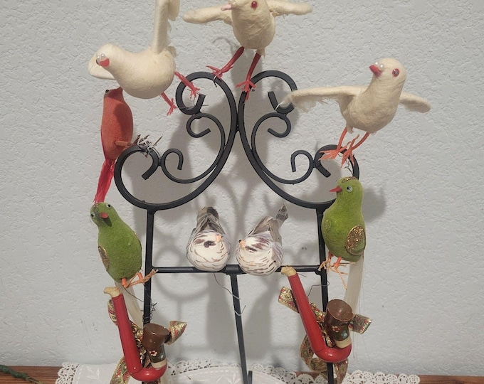Vintage Lot of 10 Wire Tie Bird Christmas Ornaments and Scandinavian Pipes MCM