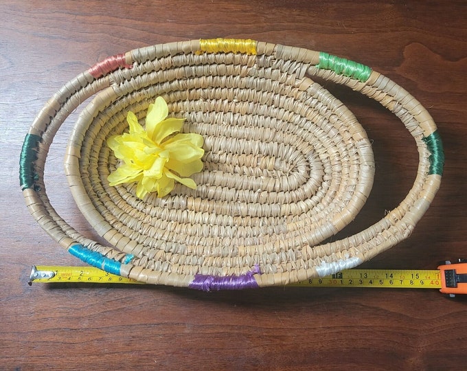 Vintage Mexican hand woven oval straw fruit basket with handles Rainbow Colors